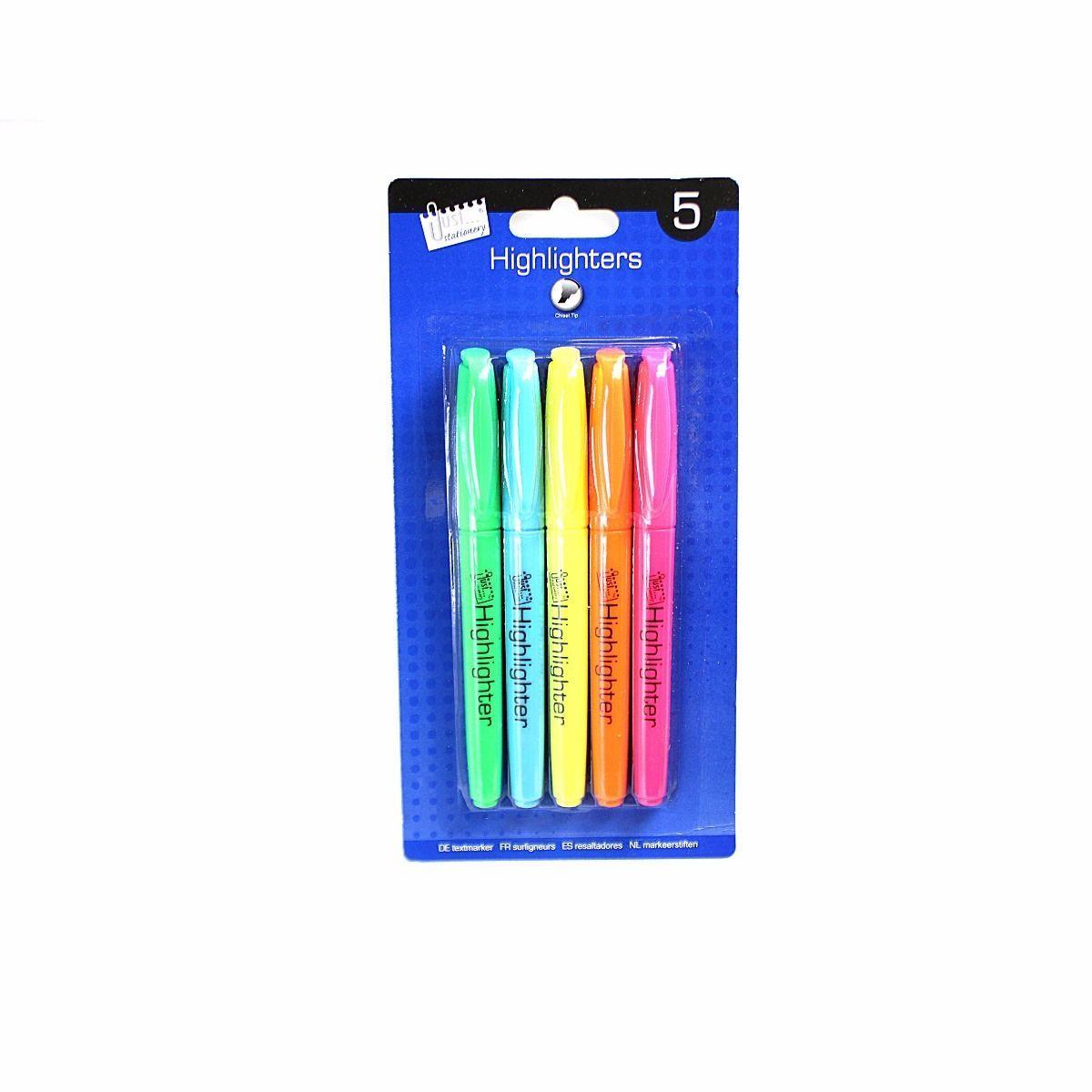Pack 5 Bright Chisel Tip Highlighter Pens Assorted Coloured Markers Stationery 6363 (Large Letter Rate)