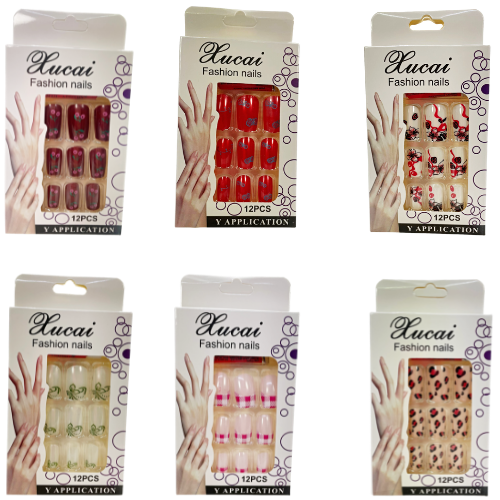 Artificial Fake Nail Extensions Rounded Square Tip 12pc Assorted Designs 6685 (Parcel Rate)