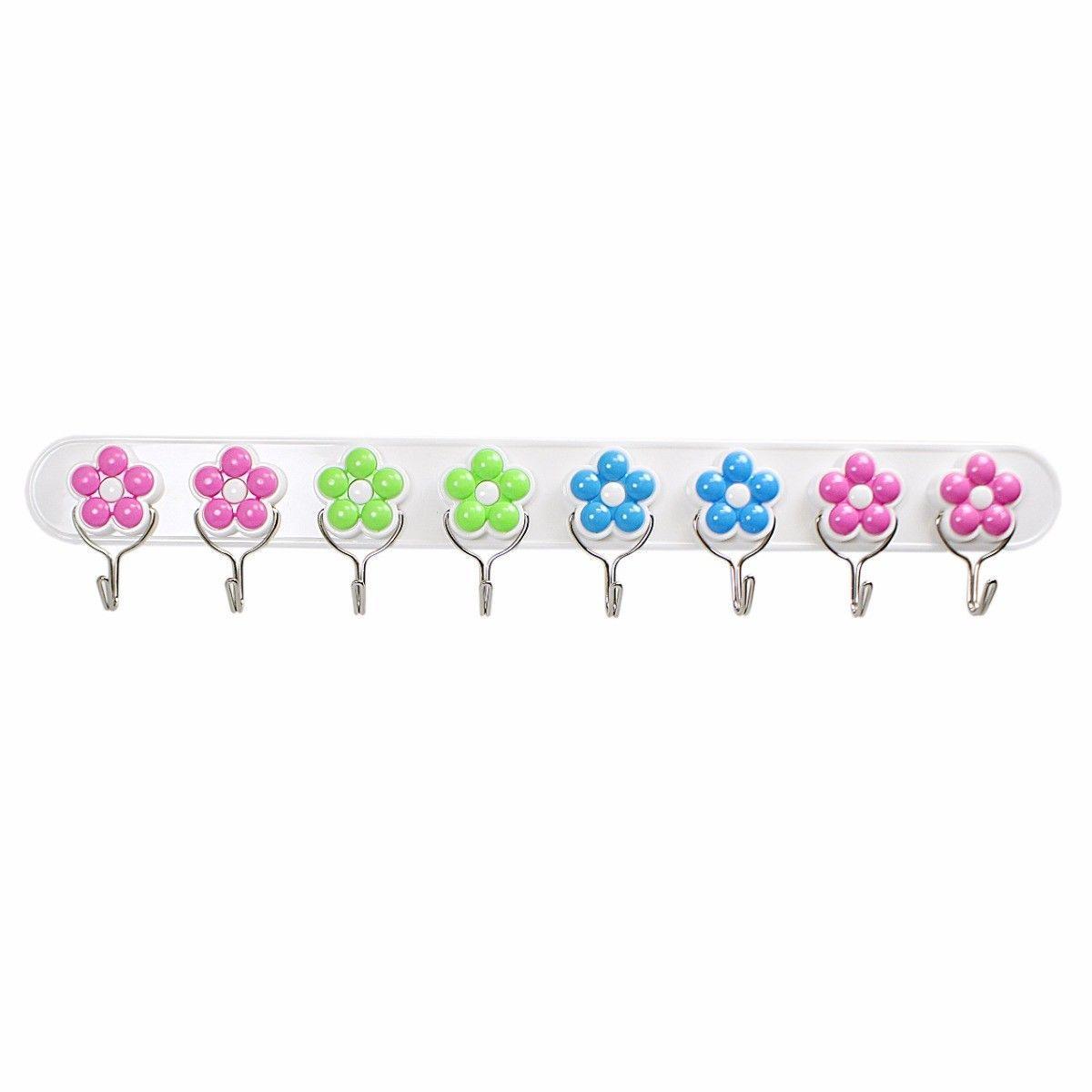 8 Multi Colour Flower Hooks High Strength Adhesive Hook Plastic 43cm Home 4789 (Parcel Rate)