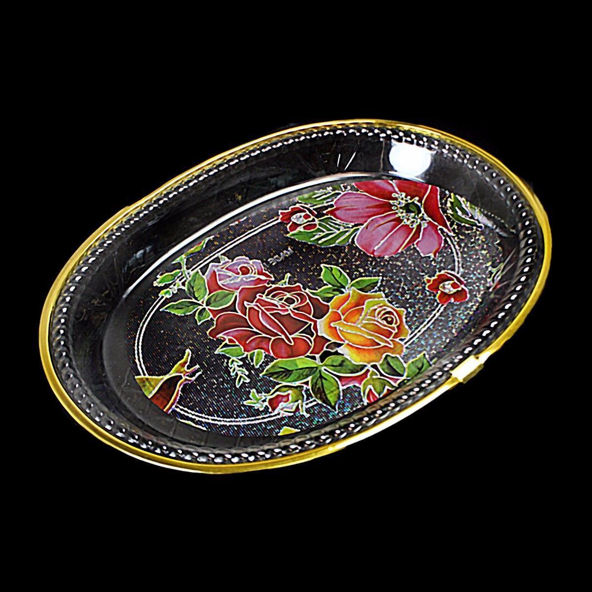 Oval Floral Print Clear Plastic Tray, With Gold Rim, Serving Tray 22cm x 17cm 0731 (Parcel Rate)