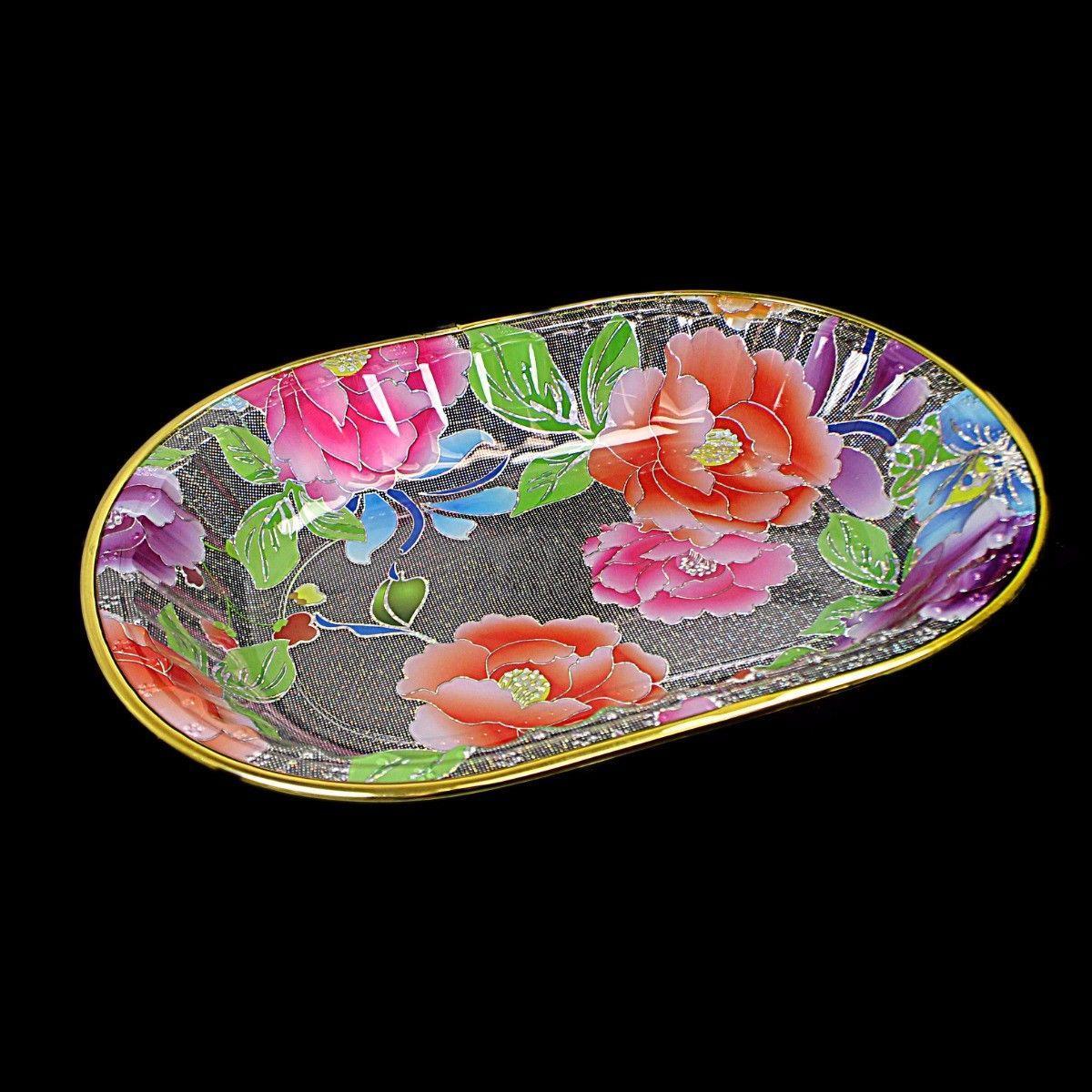 Large Plastic Gold Rimmed Floral Tapestry Design Oval Tray Approx 28.5cm x 21cm 1094 (Parcel Rate)