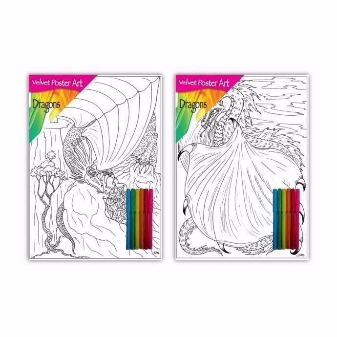 Velvet Poster Art Children's' Fun Colouring with Pens Dragons 1 25 x 38 cm 2 Designs 4319 (Parcel Rate)