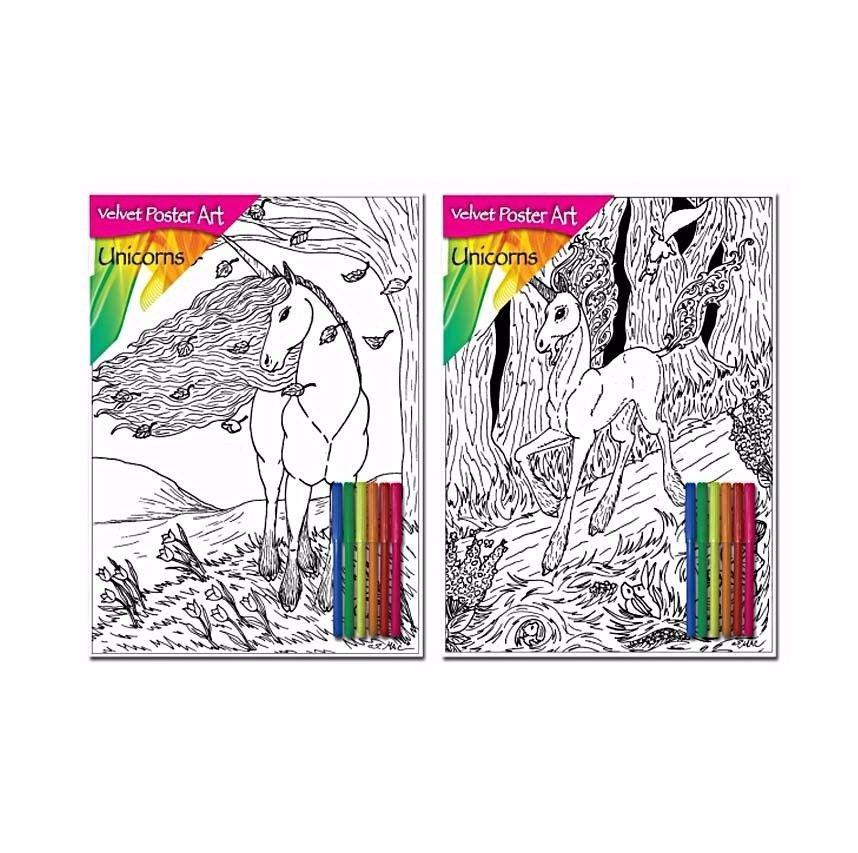 Velvet Poster Art Children's' Fun Colouring with Pens Unicorns 1 25 x 38 cm 2 Designs P3024 (Parcel Rate)