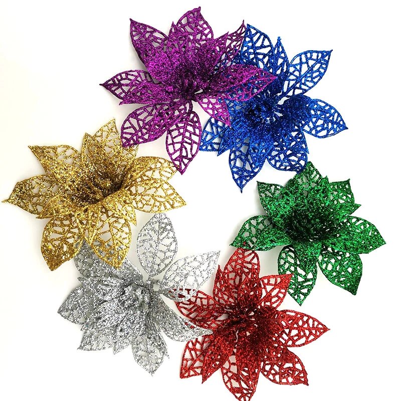 Christmas Decoration Poinsettia Flower Glitter Hollow Assorted Colours 1462 (Parcel Rate)
