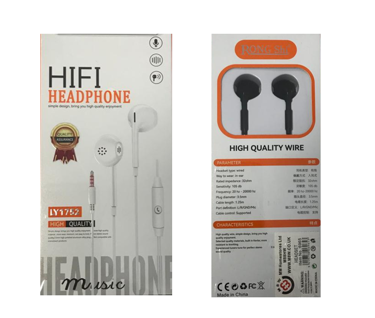 Rongshi Wired Headphones / Earphones Assorted Colours 6965 (Parcel Rate)
