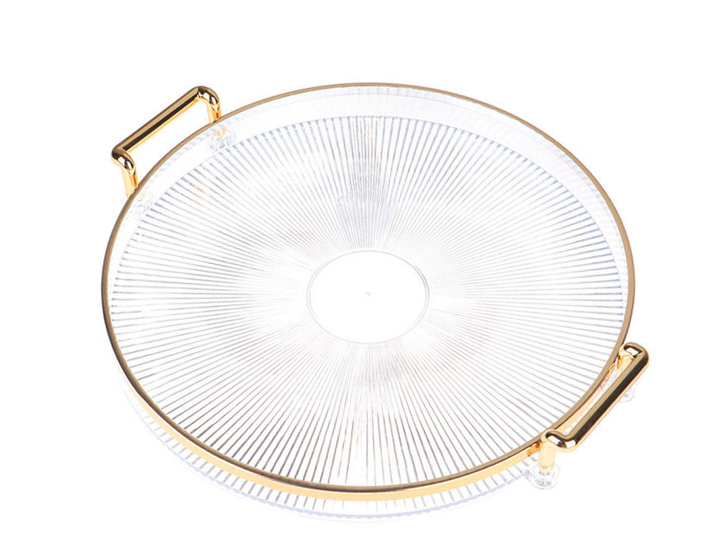 Round Clear Plastic Serving Tray with Gold Rim and Handles 28 cm 7353 (Parcel Rate)
