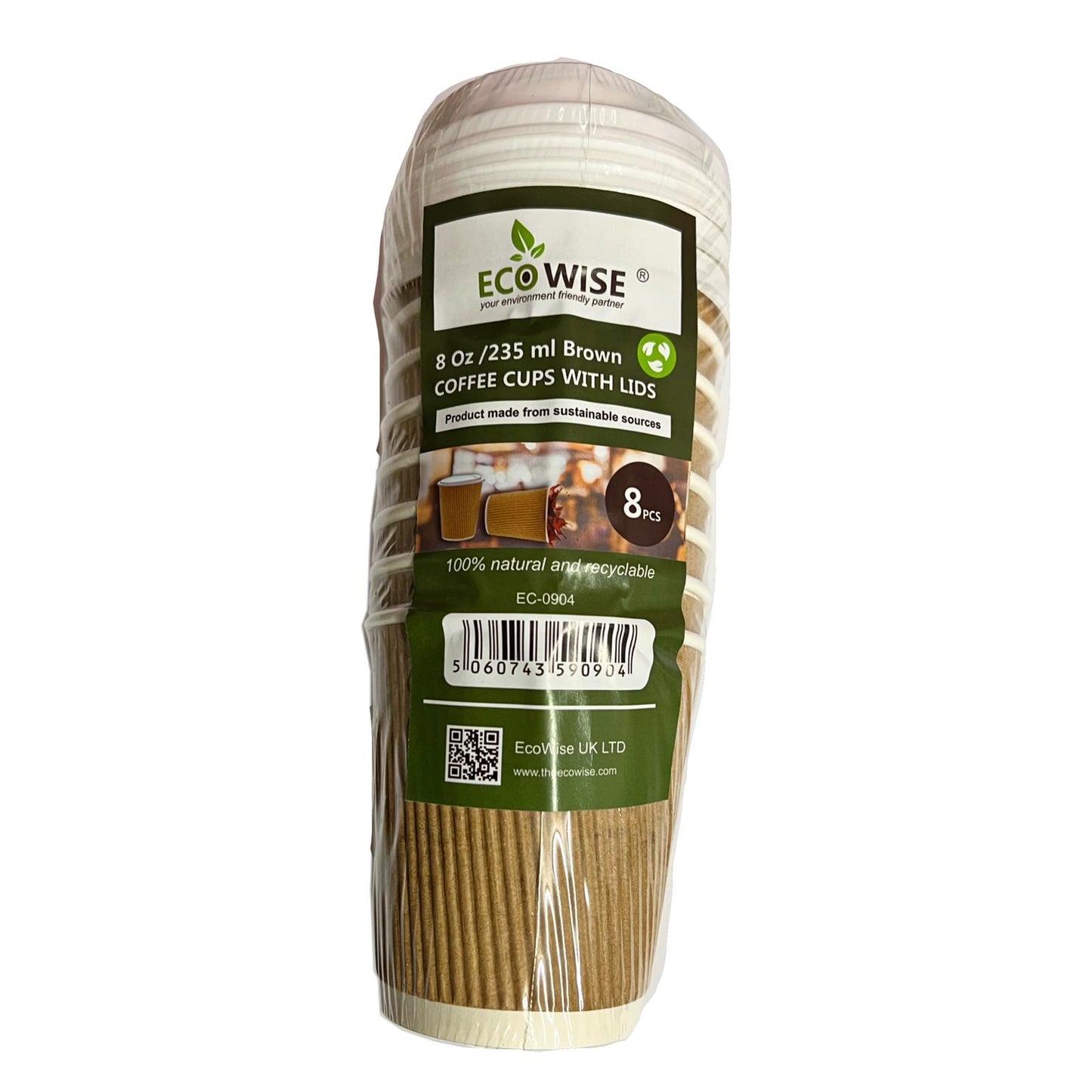 8oz 235ml Recyclable Ripple Paper Cups With Lids Pack of 8 EC0904 (Parcel Rate)