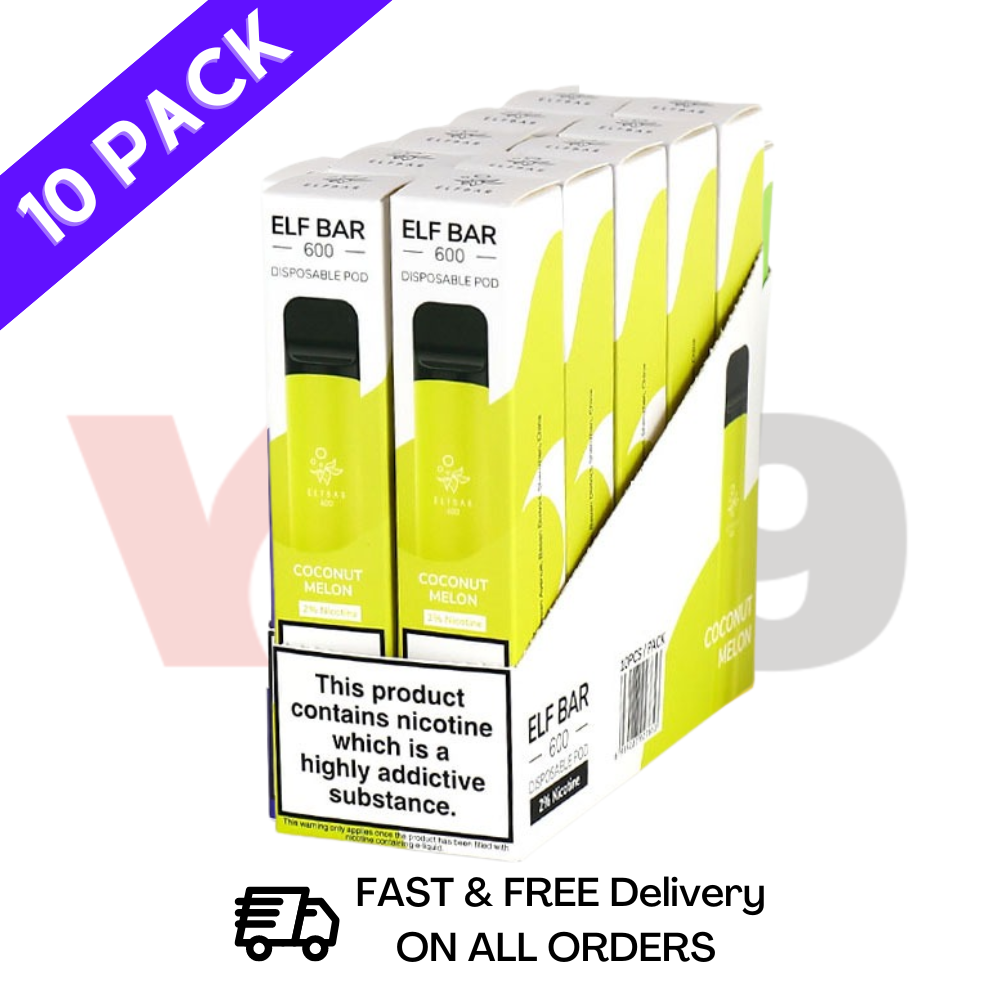 Elf Bar Box of 10 600puff Coconut Melon Flavour Disposable Vapes UK - Bulk Order