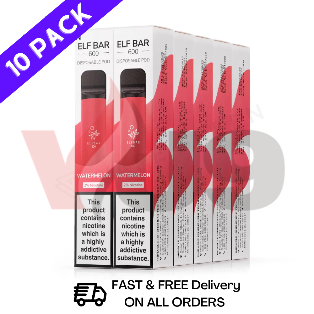 Elf Bar Box of 10 600puff Watermelon Flavour Disposable Vapes UK - Bulk Order