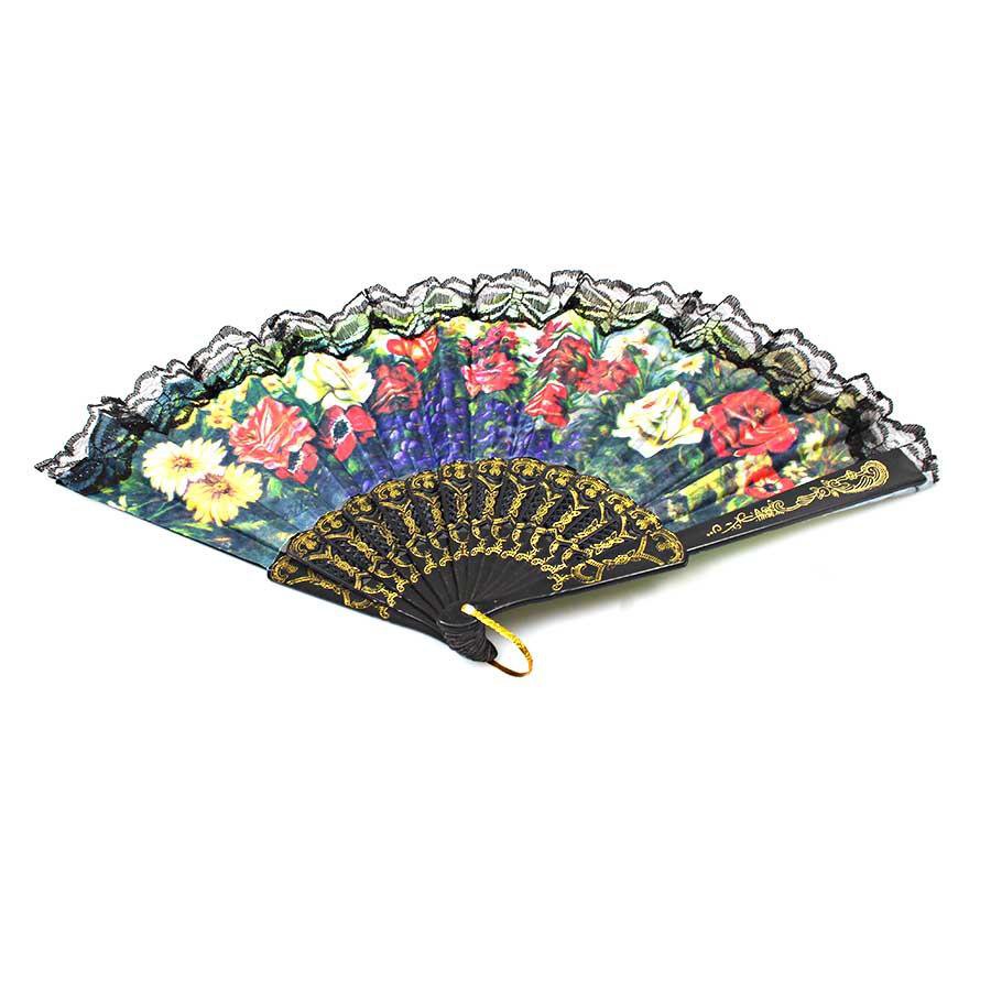 Chinese Folding Black Frame Peony Pattern Nylon Handheld Mini Folding Hand Fan 37cm 0914 (Parcel Rate)