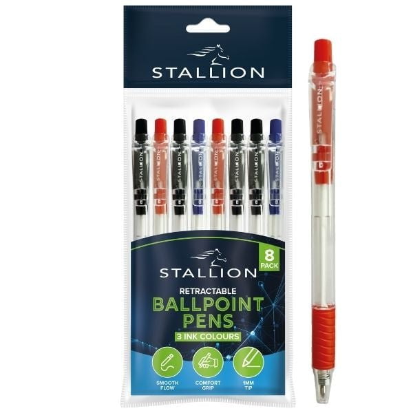 Retractable Ballpoint Pens 8 Pack Assorted P3051 (Parcel Rate)