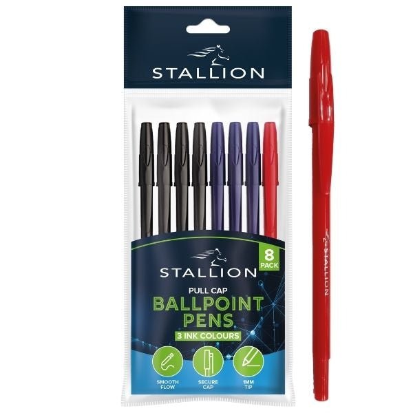 Pull Cap Ballpoint Pens 8pk Assorted P3055 (Parcel Rate)