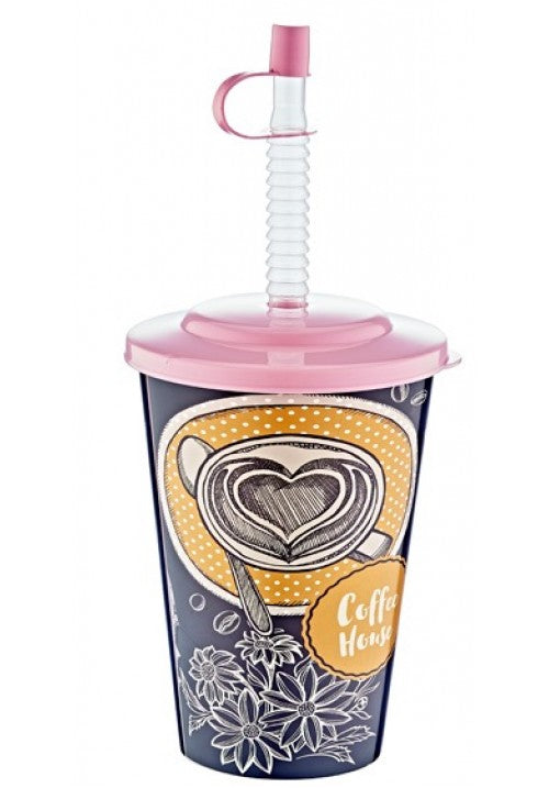 Hobby Plastic Juice Cup with Straw 500 ml Assorted Designs and Colours 031274 (Parcel Rate)