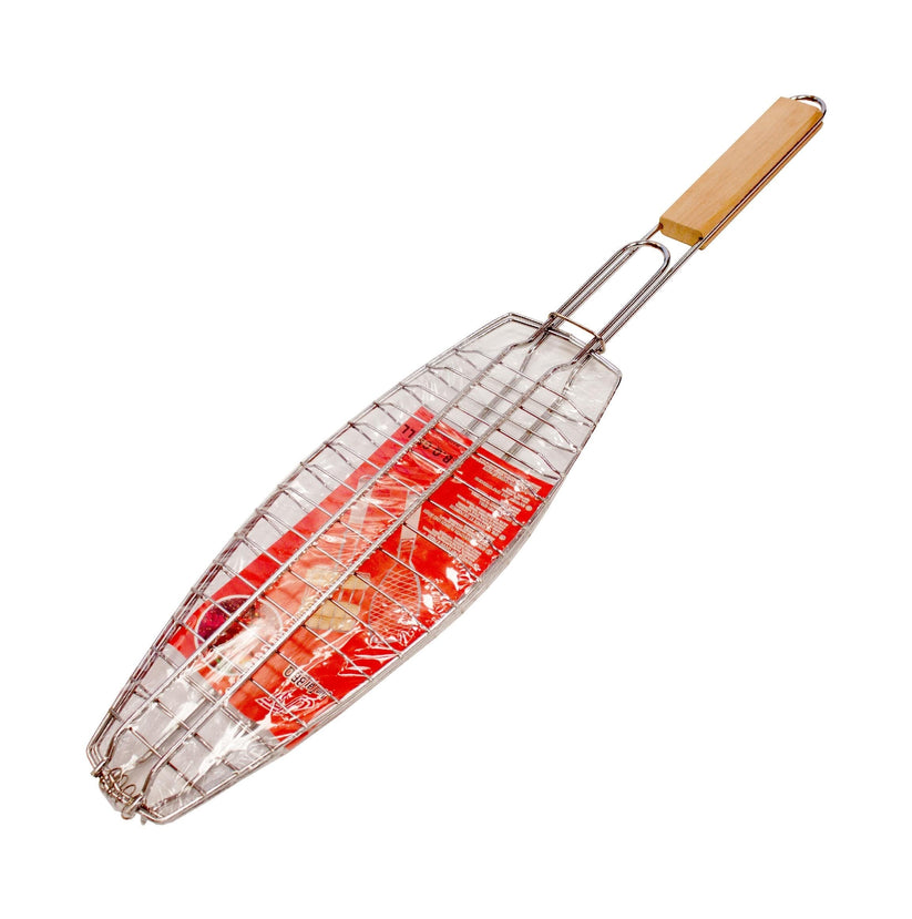 Metal BBQ Fish Grill with Orange Wooden Handle 35 cm 7219 (Parcel Rate)