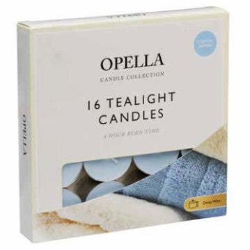 16 Opella Tealight Candles 8 Hour Long Burn Cotton Breeze (10/60) CDFRC (Parcel Rate)