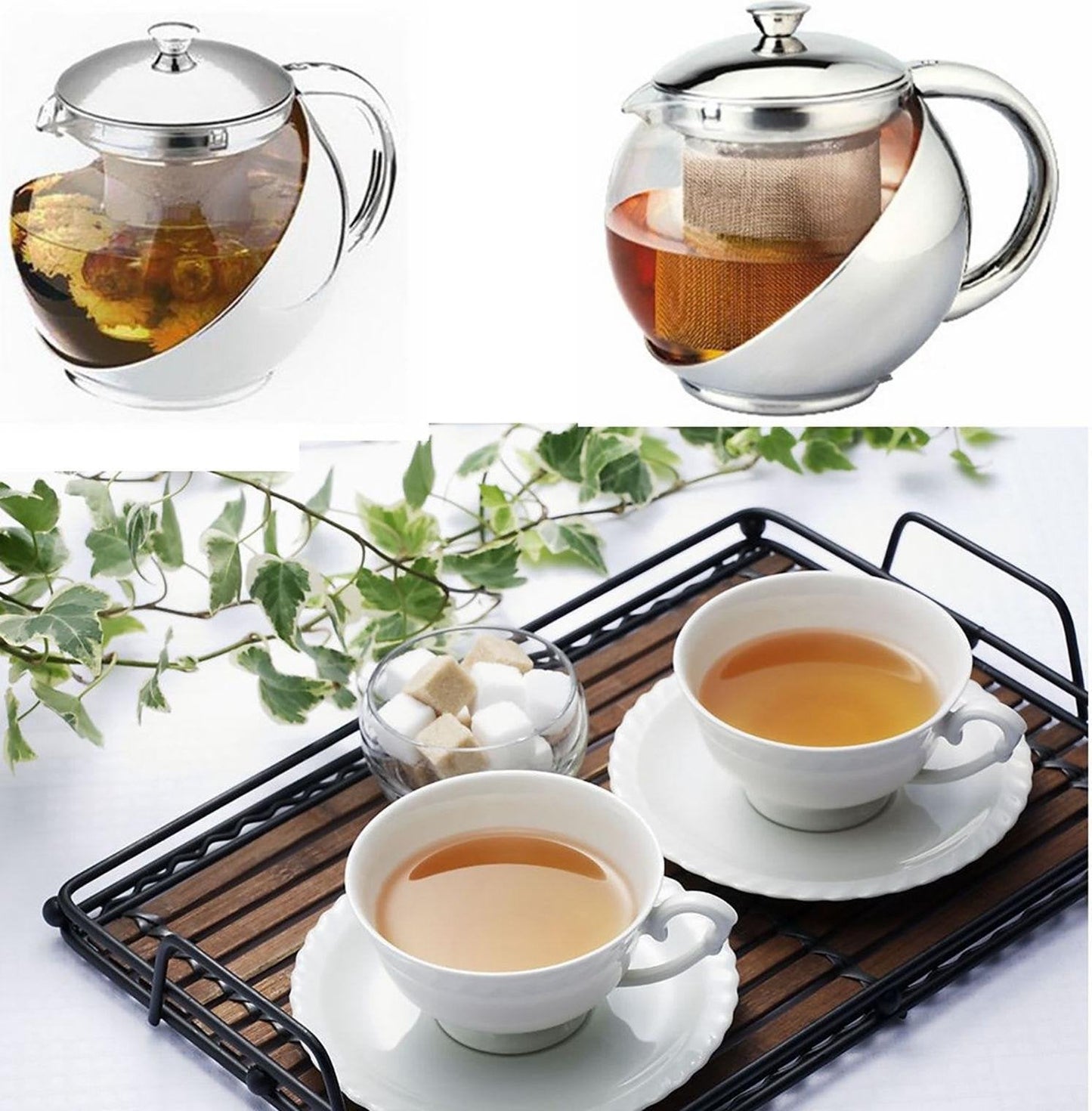 Stainless Steel & Glass Teapot 1100ml Stylish w/ Loose Tea Leaf Infuser Tea Pot 2881 (Parcel Rate)