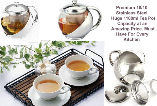 Stainless Steel & Glass Teapot 1100ml Stylish w/ Loose Tea Leaf Infuser Tea Pot 2881 (Parcel Rate)