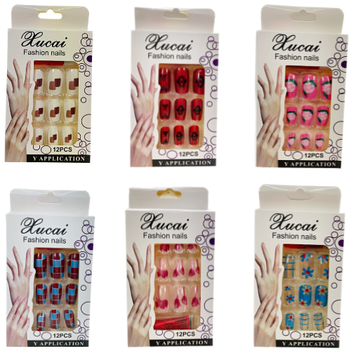 Artificial Fake Nail Extensions Rounded Square Tip 12pc Assorted Designs 6685 (Parcel Rate)