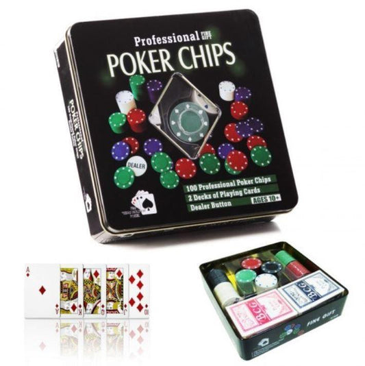 Professional Poker Chips 2 Decks Playing Cards 100 Poker Chips & Dealer Button  4060 (Parcel Rate)