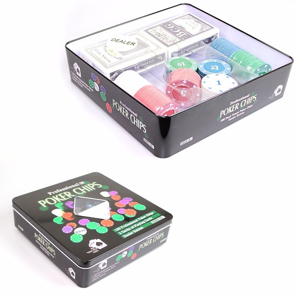 Professional Poker Chips 2 Decks Playing Cards 100 Poker Chips & Dealer Button  4060 (Parcel Rate)
