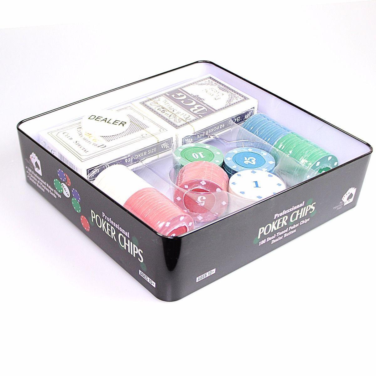 Professional Poker Chips 2 Decks Playing Cards 100 Poker Chips & Dealer Button  4060 (Parcel Rate)