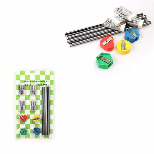 12 Piece Stationery Kit 4 Pencils 4 Erasers & 4 Sharpeners Home School Office 2883 (Large Letter Rate)