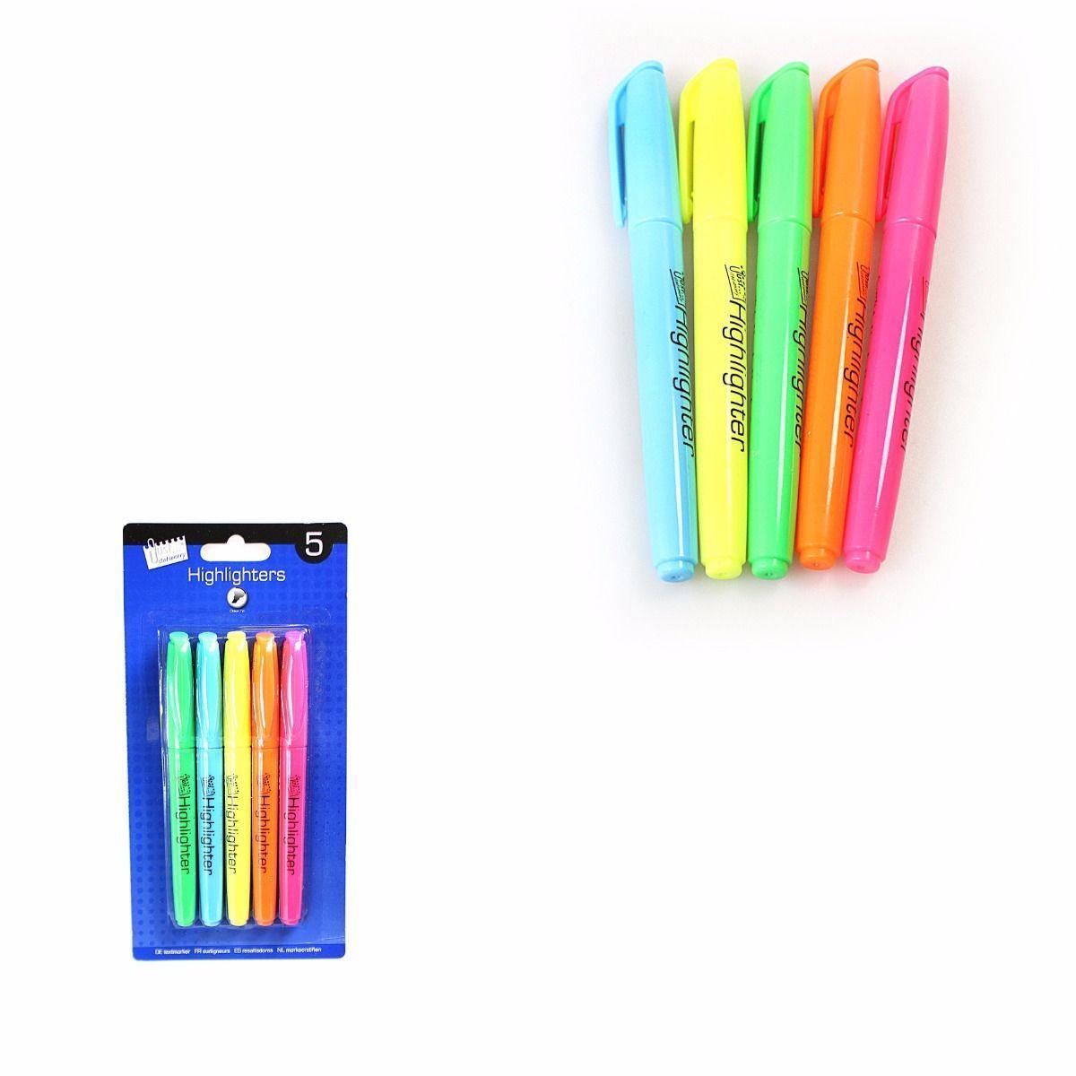 Pack 5 Bright Chisel Tip Highlighter Pens Assorted Coloured Markers Stationery 6363 (Large Letter Rate)