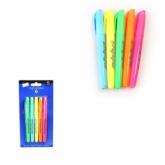 Pack 5 Bright Chisel Tip Highlighter Pens Assorted Coloured Markers Stationery 6363 (Large Letter Rate)
