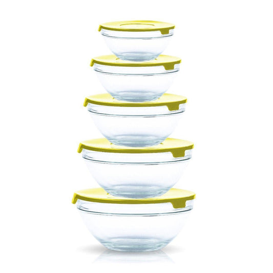 5 Piece Glass Bowl Plastic Lids Storage Set Microwave Freezer & Dishwasher Safe 1289 (Parcel Rate)