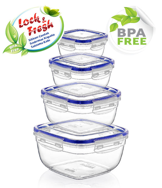 Square Clear Plastic Food Airtight Storage Container Set 4Pcs D30143 (Parcel rate)