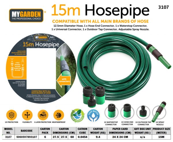 Garden Hose Pipe with Fitting 15 m 3107 (Parcel Rate)