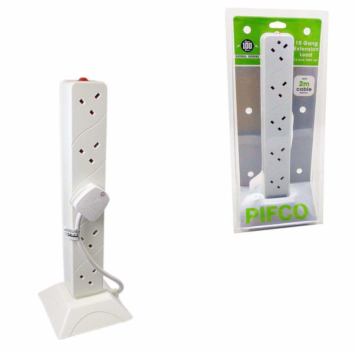 PIFCO 10 Way / Gang Tower Mains Power Extension Socket Adapter Lead Cable Approx 2m ext1039 (Parcel Rate)