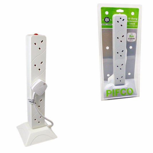 PIFCO 10 Way / Gang Tower Mains Power Extension Socket Adapter Lead Cable Approx 2m ext1039 (Parcel Rate)
