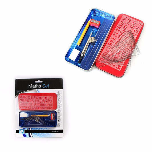 Kids 10 Piece GEOMETRY SET Tin, Boxed Compass Set, Stencils, School Maths Set   3773 (Large Letter Rate)