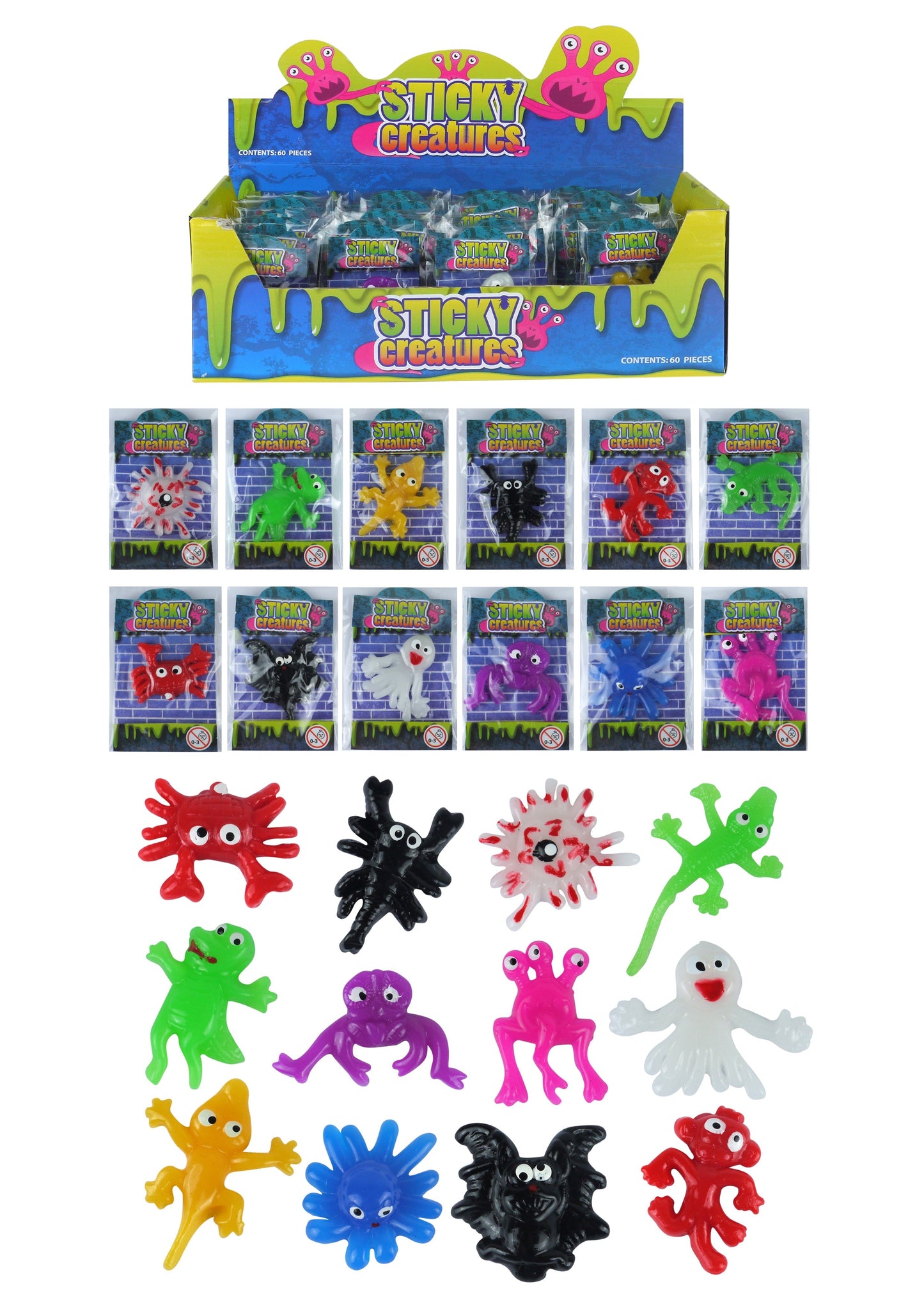 Childrens Sticky Creatures Splatter Toys Party Fun 12 Assorted Designs 5-6cm T51225 (Parcel Rate)