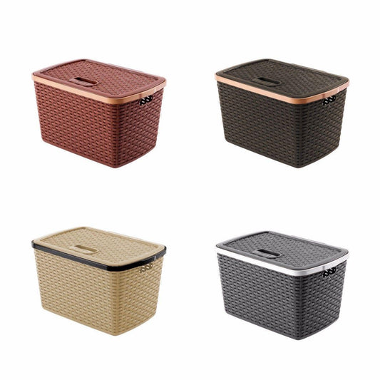 Rattan Style Basket with Lid Plastic 15 Litre Assorted Colours 0771 (Parcel Rate)