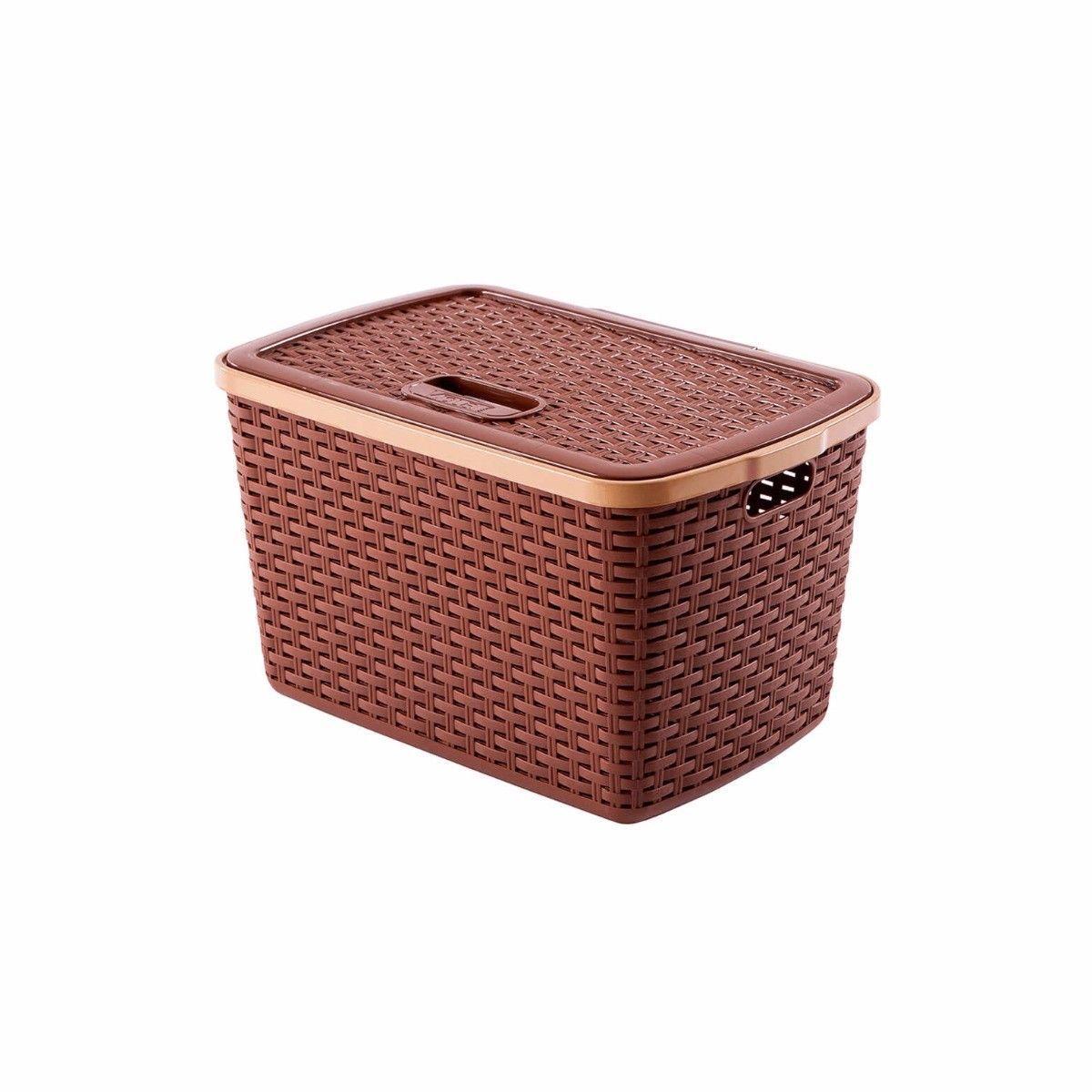 Rattan Style Basket with Lid Plastic 15 Litre Assorted Colours 0771 (Parcel Rate)