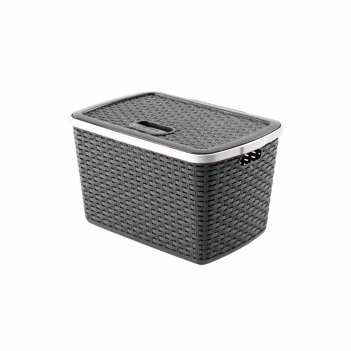 Rattan Style Basket with Lid Plastic 15 Litre Assorted Colours 0771 (Parcel Rate)