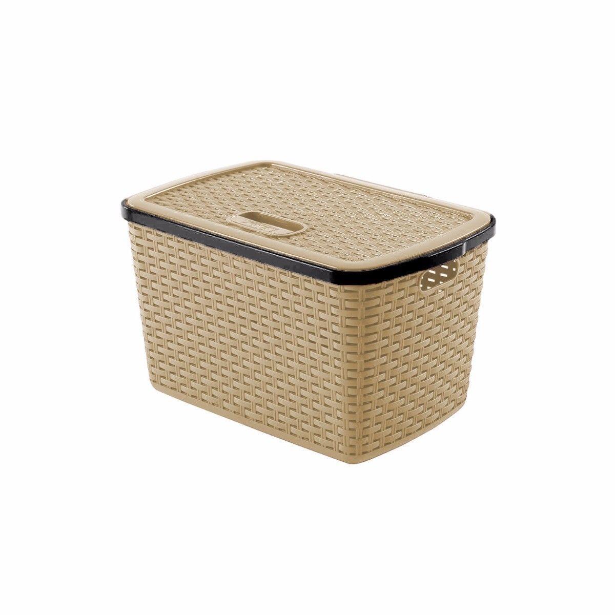 Rattan Style Basket with Lid Plastic 15 Litre Assorted Colours 0771 (Parcel Rate)