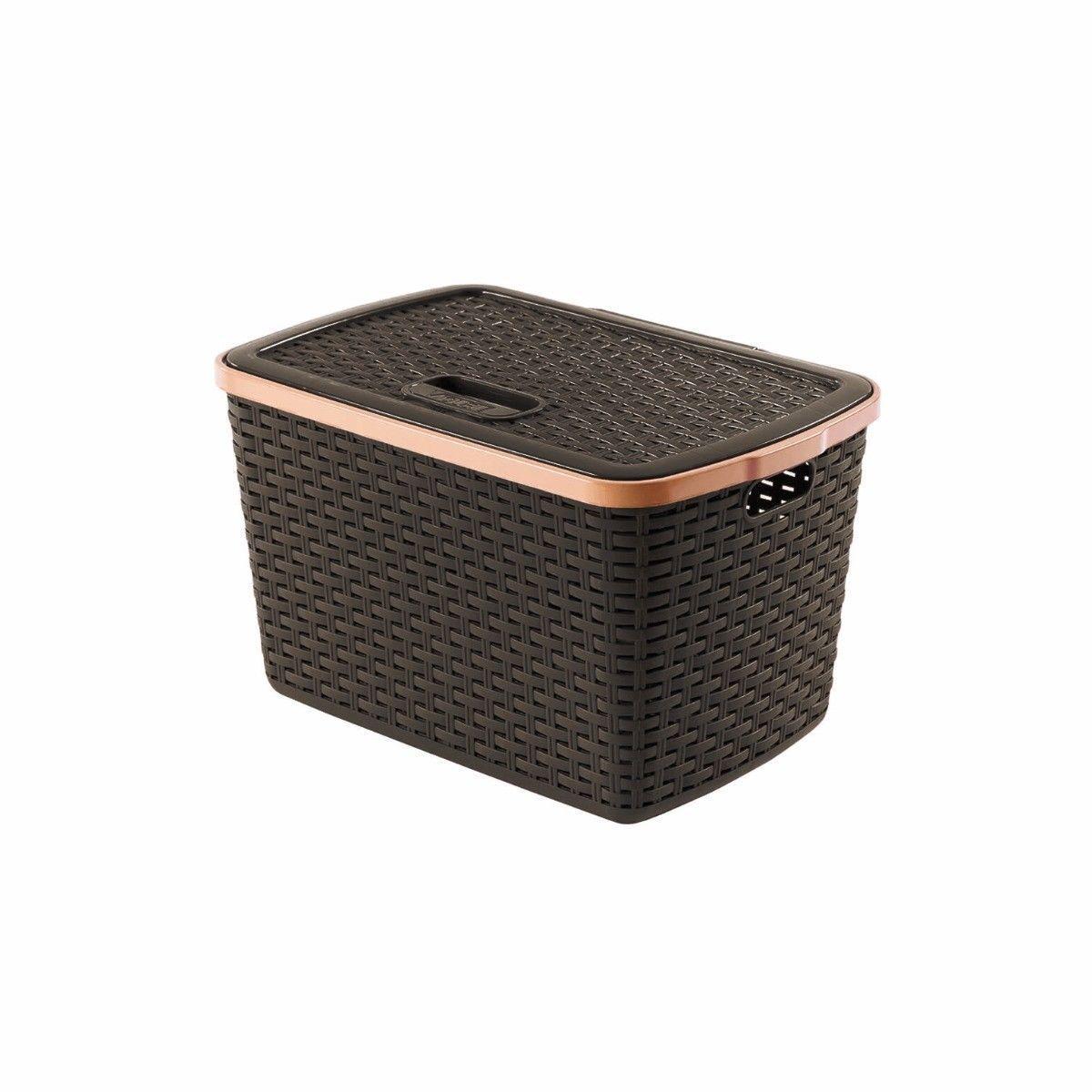 Rattan Style Basket with Lid Plastic 15 Litre Assorted Colours 0771 (Parcel Rate)