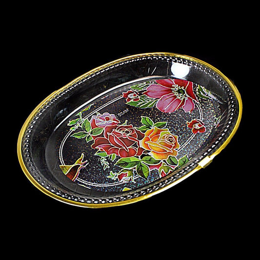 Oval Floral Print Clear Plastic Tray, With Gold Rim, Serving Tray 22cm x 17cm   0731 (Parcel Rate)