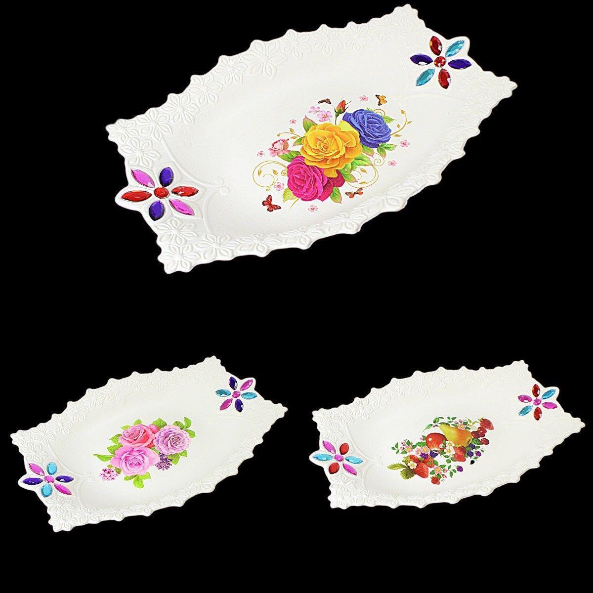Floral & Fruit Jewelled Plastic Serving Trays 33cm x 23cm  3212 (Parcel Rate)