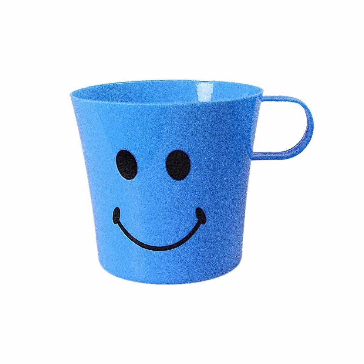 Fun 4 Colour Smiley Plastic Handles Mugs For Parties, Home etc   0438 (Parcel Rate)