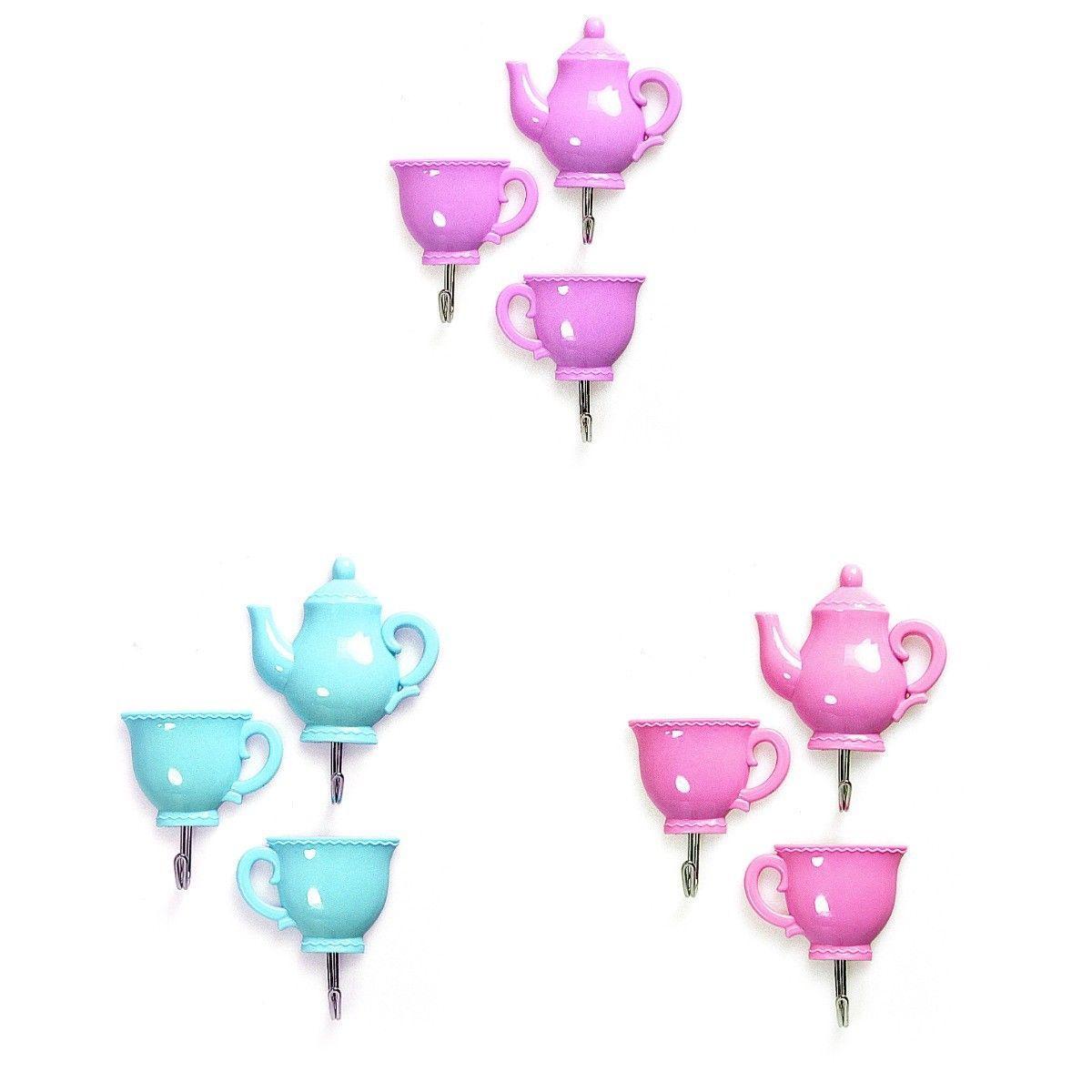 Set Of 3 Plastic Tea Cup And Kettle Metal Hook Set Simply Peel & Stick Home 2795 (Large Letter Rate)
