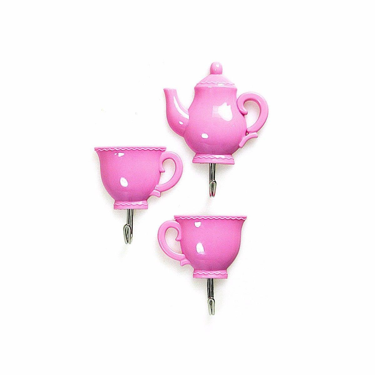 Set Of 3 Plastic Tea Cup And Kettle Metal Hook Set Simply Peel & Stick Home 2795 (Large Letter Rate)