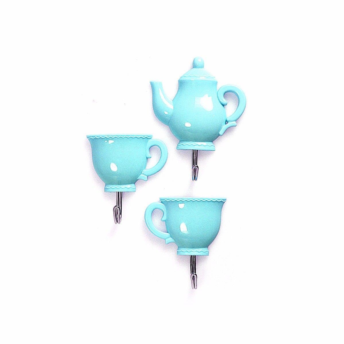 Set Of 3 Plastic Tea Cup And Kettle Metal Hook Set Simply Peel & Stick Home 2795 (Large Letter Rate)