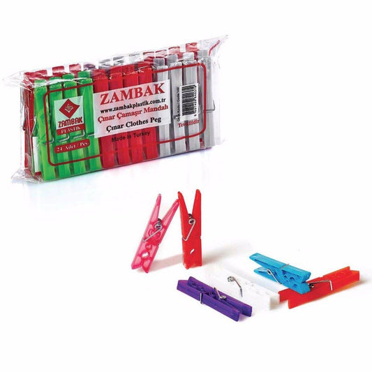 Zambak Assorted Colour Plastic Washing Pegs 24 Pack 8cm  4037 (Parcel Rate)