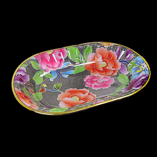 Large Plastic Gold Rimmed Floral Tapestry Design Oval Tray Approx 28.5cm x 21cm 1094 (Parcel Rate)