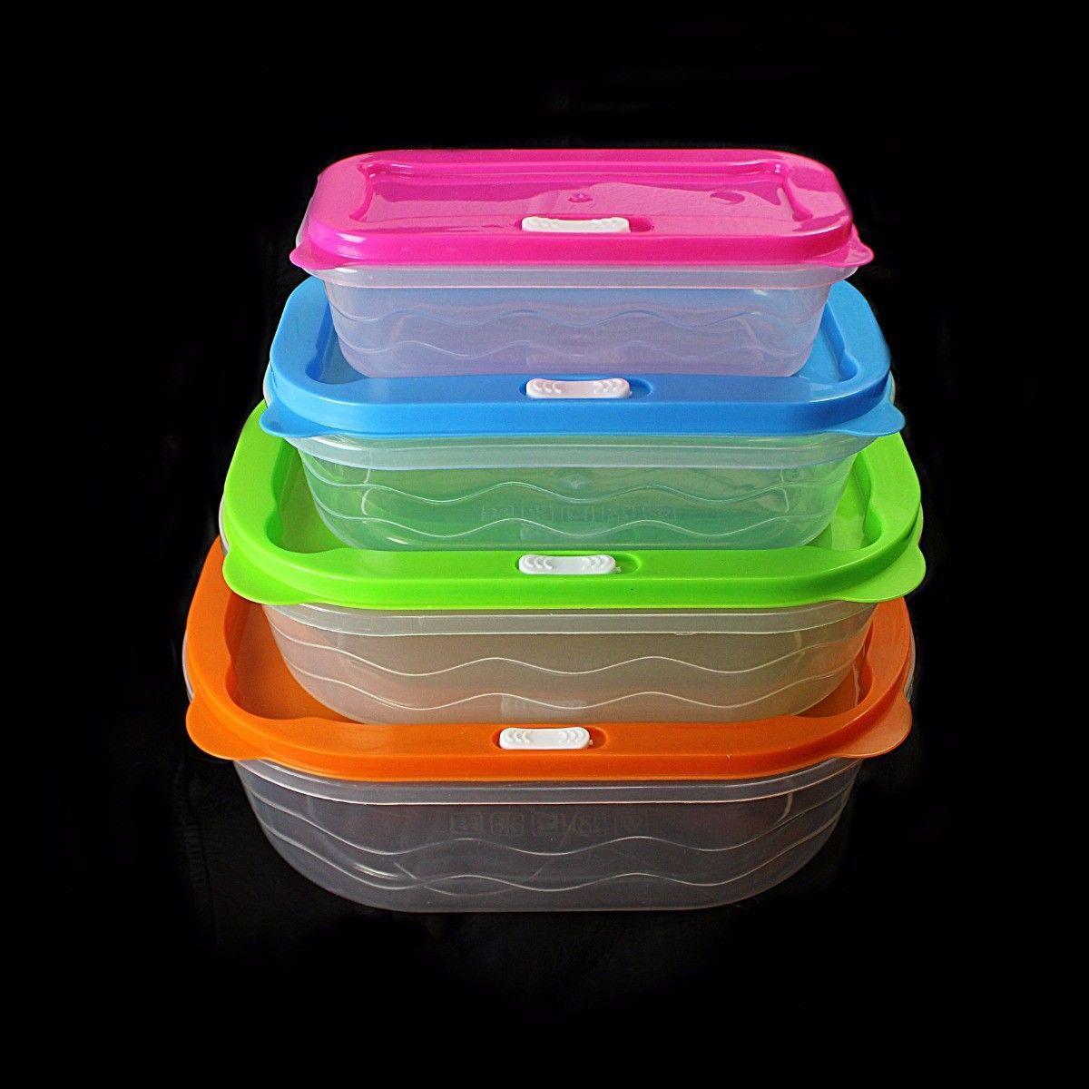 4 Piece Air Tight Set 4 Colour Lids Not Square Stackable Food Storage Set With Lids Home 0400 (Parcel Rate)
