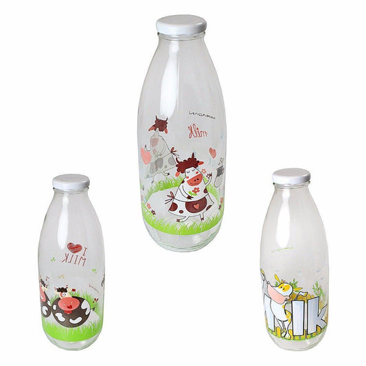 Clear Glass Decorated Fancy Milk Bottle With Plastic Lid 100cl M329 (Parcel Rate)